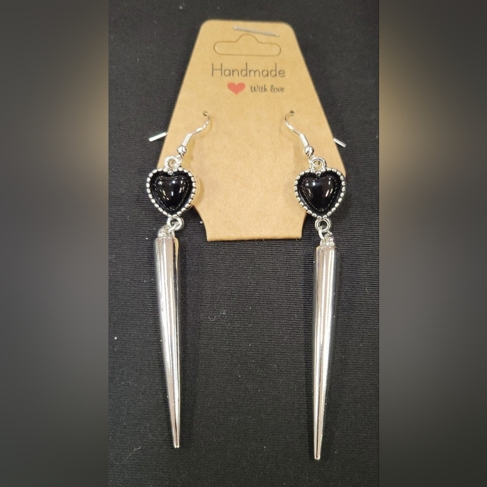 Black Heart Silver Spike Earrings Hypoallergenic Goth Gothic Punk Emo Punk Spiky